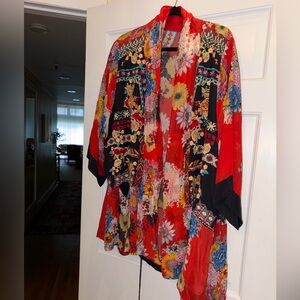 Johnny Was Red and Cream Floral Embroidered Kimono
